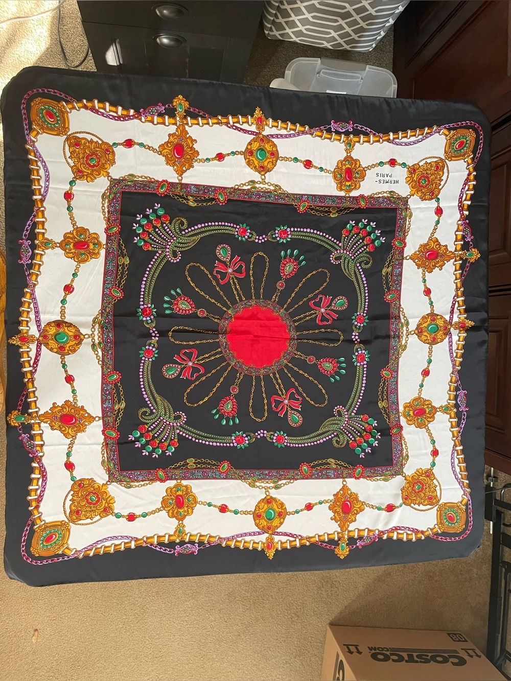Embellished Black & White Silk-Look Scarf with Red Center